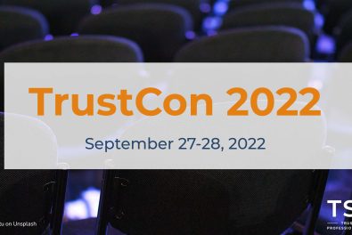 Empty chairs in the background and event info in the foreground