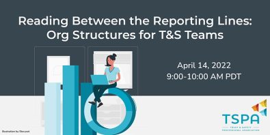 event banner for "Reading Between The Reporting Lines" with illustration of woman with laptop sitting on blue infographic components