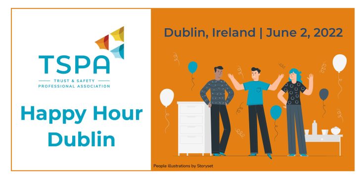 Event information with an illustration of three people at happy hour