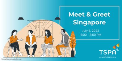 An illustration of four people sitting in chairs and talking with the event information in the right hand corner