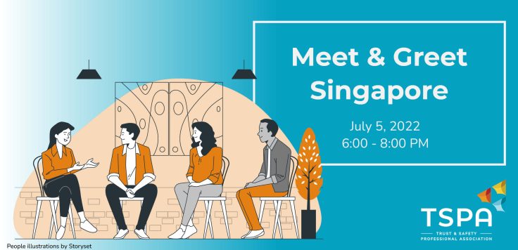 An illustration of four people sitting in chairs and talking with the event information in the right hand corner