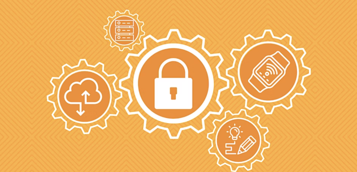 Orange illustration including icons for a lock, a smart watch, a task list, and upload/download