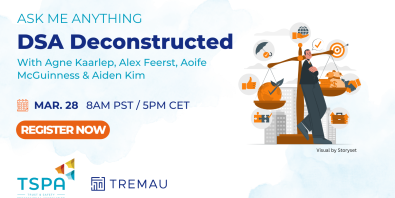 White and powder blue banner with text of Ask Me Anything: DSA Deconstructed with person leaning into a justice scale with objects surrounding it.