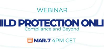 Banner with white background and translucent lines; with Webinar Child Protection Online: Compliance and Beyond