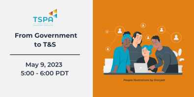 Banner with half orange and cream background. Image with 4 people looking at a laptop.