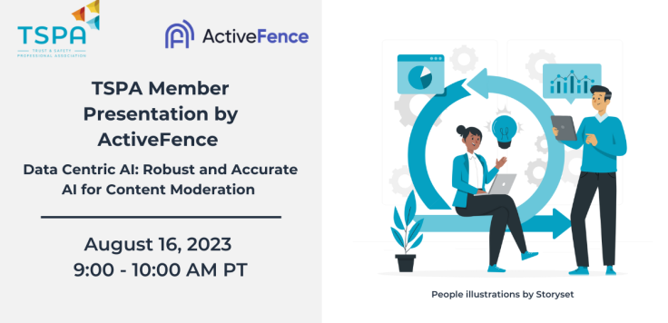 White and gray banner with TSPA and ActiveFence logo and text describing the event. Also includes image of person sitting down on a laptop with a person standing beside them in conversation.