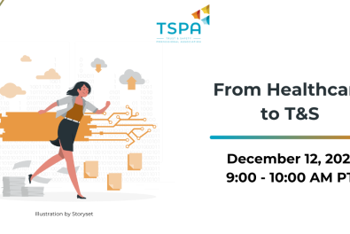 White banner with image of woman appearing to be running with orange arrow in the background pointing right and graphics of papers, numbers, and clouds circling the person.