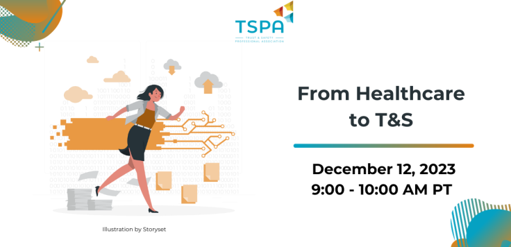 White banner with image of woman appearing to be running with orange arrow in the background pointing right and graphics of papers, numbers, and clouds circling the person.