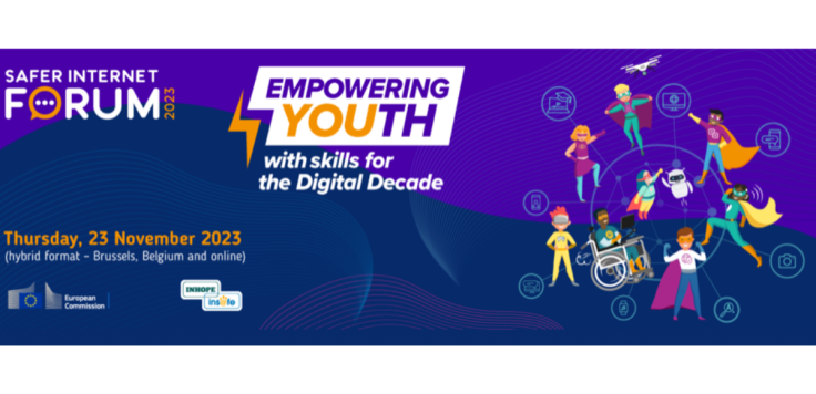 Blue and purple banner with graphic of children that are in superhero clothing in a circle with text describing the event.