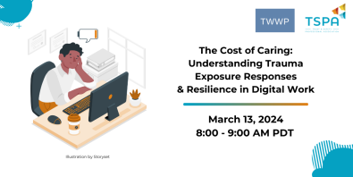 White banner with person sitting at desk with a low battery sign over their head and text describing event.