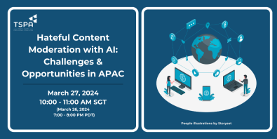 Dark blue banner with two white outlined squares. First square has text describing the event, and the second square has a image of two looking at laptops with a globe and screens connected in the middle.