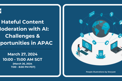 Dark blue banner with two white outlined squares. First square has text describing the event, and the second square has a image of two looking at laptops with a globe and screens connected in the middle.
