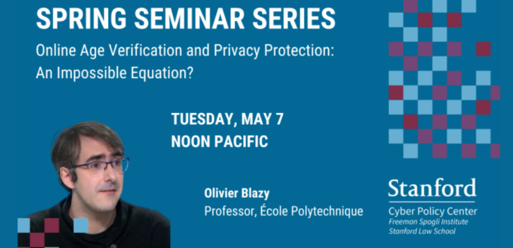 Blue banner with headshot of speaker and series of purple and blue boxes with text description of event.