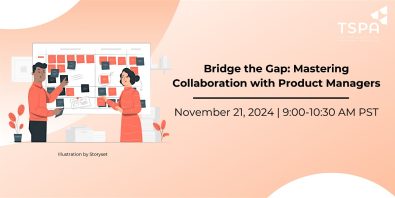 Orange banner with image of two people conversing and putting post-its on a board with text describing the event.