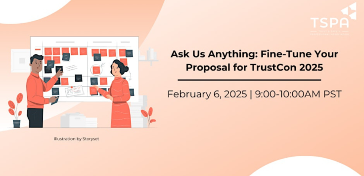 Light orange banner with image of two people standing in front of a board with sticky notes.