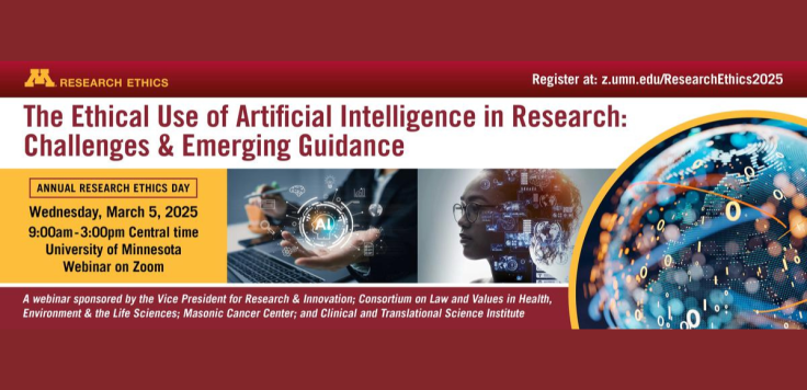 Burgundy banner with text describing the event and images of a person holding a digital orb with "AI" written in the middle.