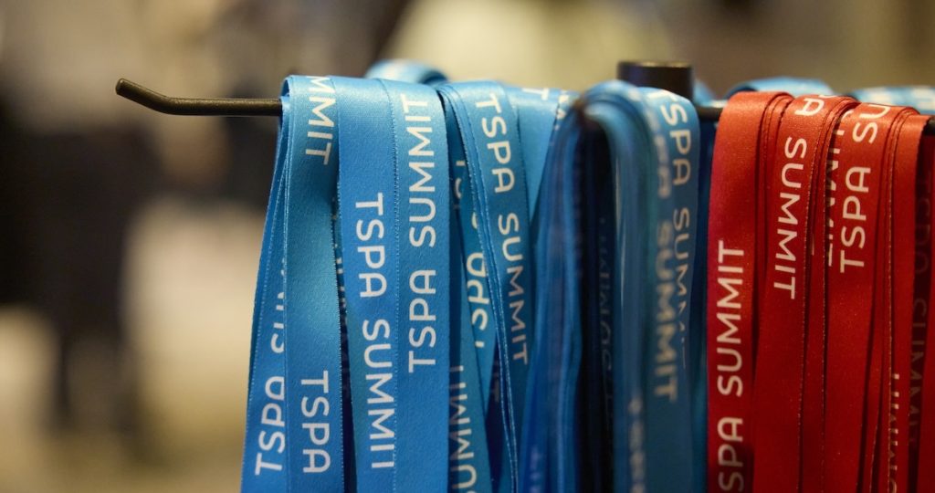 Photo of red and blue TSPA Summit lanyards.