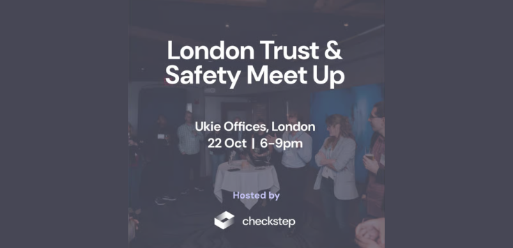 Dark blue banner with text overlaid over an image of people gathered and chatting.